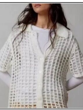 BDG Open-Weave Short Sleeve Button Cardigan in White